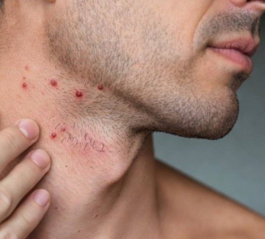 Ingrown hairs and razor bumps on a man's neck and jawline